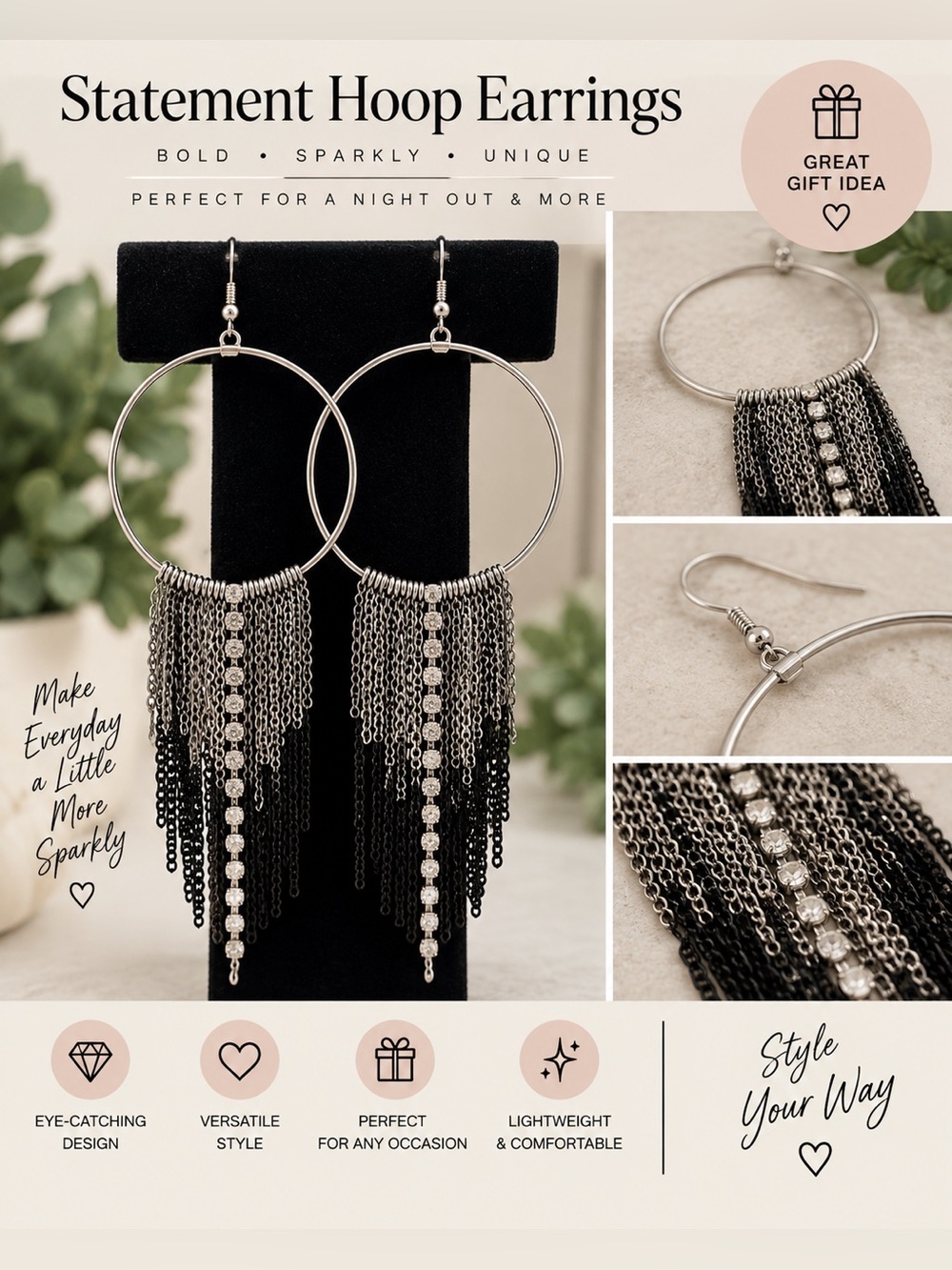 Oversized Silver Hoop Chain Fringe Rhinestone Earrings 7”